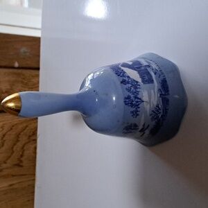 Vintage Currier and Ives blue Pocelain Bell. Old Homestead in Winter Snow